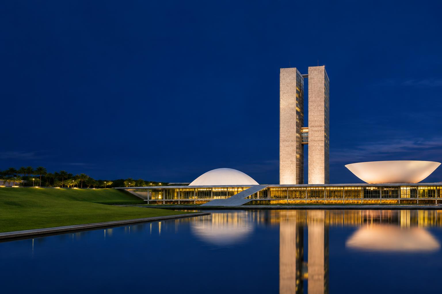 Arquitetura do Congresso Nacional em Brasília ao entardecer